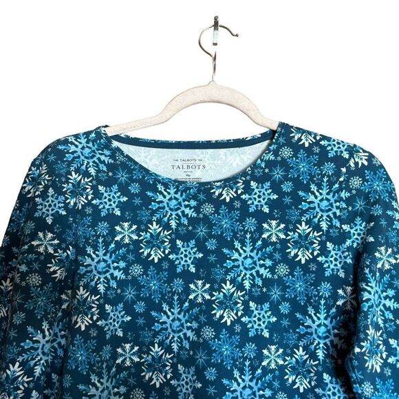 Talbots Tee Womens MP Petites Blue Snowflake Print Stretch Blouse Top Ladies - Picture 2 of 8